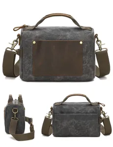 Vintage waxed canvas messenger bag for men, casual retro leather trim shoulder crossbody bag.