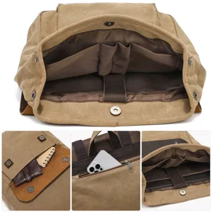 Vintage canvas leather backpack for men women large capacity travel school laptop bag.