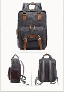 Zaino fotografico in tela cerata impermeabile casual per reflex con tasche multiple e cinghie in pelle