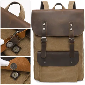 Vintage canvas and leather backpack, large capacity travel rucksack for men and women.