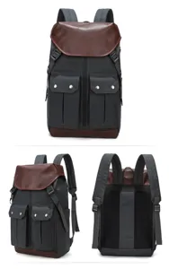 Multiple detail views of a vintage canvas backpack featuring front pockets and brown leather flap.