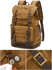 Vintage canvas backpack for men and women, durable outdoor travel rucksack with leather straps.