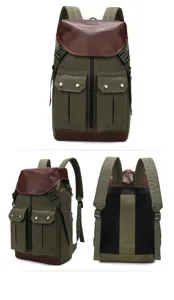 Vintage canvas backpack detail view, multi-pocket design, outdoor travel casual bag.