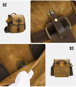 Canvas camera bag detail view showing durable retro hardware, zipper, and magnetic snap closure.