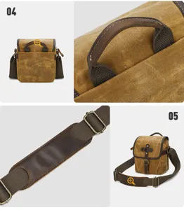 Detailed view of retro canvas camera bag handle and strap, durable photography gear.