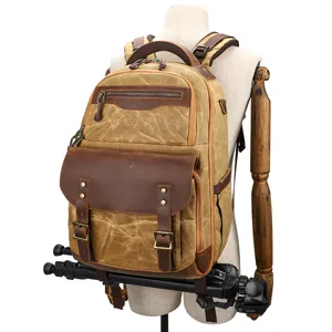 Vintage Canvas Camera Backpack Waterproof DSLR Rucksack with Tripod Strap for Outdoor Travel