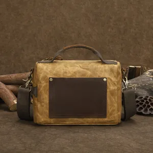 Vintage waxed canvas men messenger bag retro casual shoulder crossbody handbag with leather pocket.