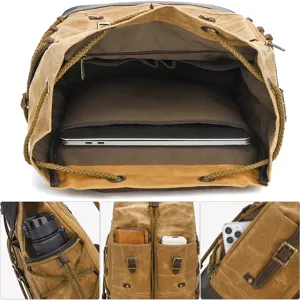 Vintage canvas backpack for men, casual rucksack travel laptop bag with multi pockets.