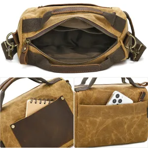 Retro waxed canvas shoulder bag for men, casual multi-pocket crossbody bag with top handle.