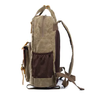 Zaino fotografico casual impermeabile in tela per fotocamera con tasche laterali in pelle