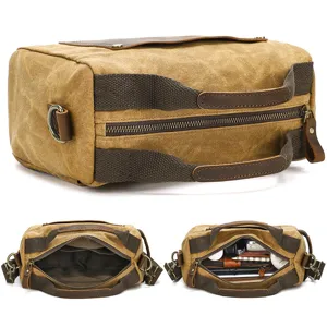 Vintage waxed canvas men messenger bag casual retro shoulder handbag with leather trim
