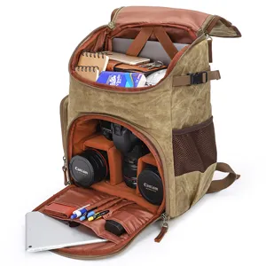 Canvas camerarugzak voor DSLR reflexcamera's, vintage fototas met gewatteerde vakken voor apparatuur.