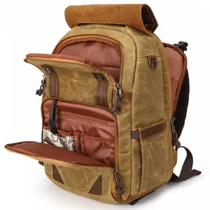 Vintage waterproof canvas leather camera backpack, multi-compartment laptop daypack for outdoor.