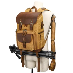 Vintage waterdichte canvas DSLR camera rugzak met lederen details en handige statiefbanden.