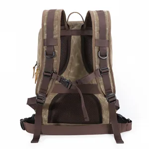 Vintage waterproof canvas camera backpack with breathable mesh straps and adjustable buckles.
