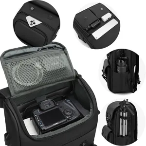 Waterproof camera backpack, large capacity photography rucksack with divider and tripod holder.