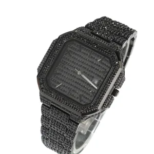 Herren schwarze quadratische Strass Quarzuhr Hip Hop glitzernde Armbanduhr Hauptbild neu