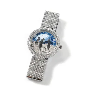 Montre quartz de luxe en strass pour femmes avec bracelet en cristal étincelant et cadran panthère bleu.