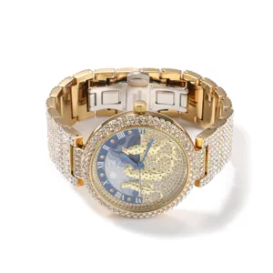 Montre quartz luxueuse en or strass avec cadran leoparde et chiffres romains tendance.