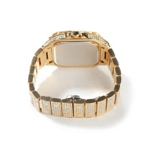 Orologio uomo quarzo quadrato oro strass lusso, orologio polso moda hip hop elegante.