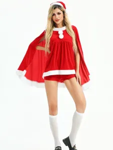 Women's Christmas Santa Costume Set Red Velvet Cape Hooded Dress With Shorts Hat Performance Party Role Play Apparel