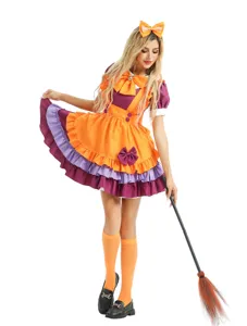 Halloween pumpkin Lolita maid costume detailed view, featuring ruffles and vibrant colors.