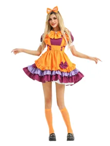 Details of the orange purple Halloween Lolita cosplay dress for women, cute party performance wear.