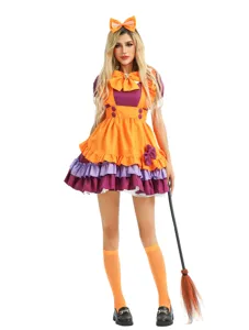 Halloween pumpkin maid costume Lolita dress cosplay party outfit with cute bow and matching socks.