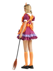 Halloween maid cosplay costume detail view showing purple and orange plus size Lolita dress.