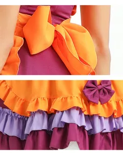 Detailed view of cosplay dress back bow and layered ruffles in orange and purple tones.