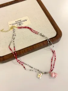 Collana di perle a doppio strato dopamina estiva stile dolce ciondolo farfalla maialino