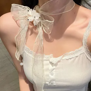 Sheer organza ribbon choker necklace with sparkly rhinestones and floral pendant for women