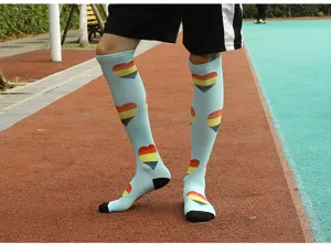 Men's over-the-knee socks featuring colorful rainbow heart patterns and sporty style.