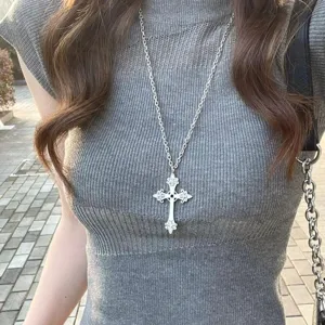 Silver cross pendant long necklace punk style sweater chain for women fashion jewelry