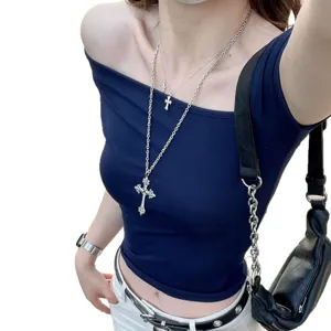 Punk retro silver large cross long chain necklace for women, stylish layered sweater jewelry.