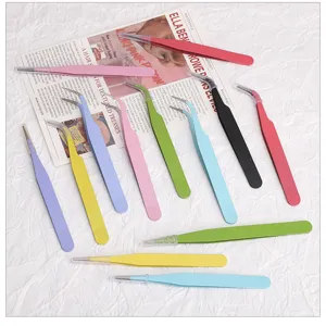 Precision curved and straight tweezers set in macaron colors for DIY craft and nail art.