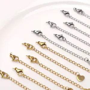 Cadenas de extensión de acero inoxidable con cierres de mosquetón y dijes para joyería DIY.