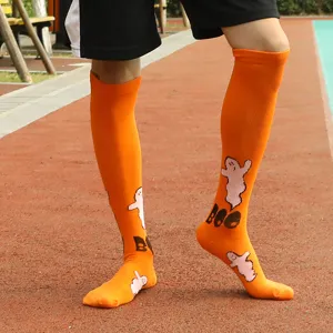 Halloween orange ghost print compression knee high socks for men and women sports wear