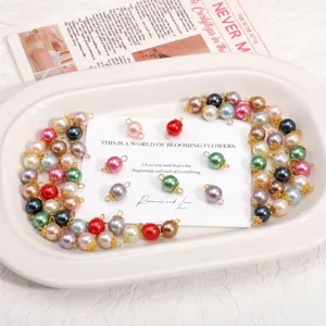 Glass Round Charm Pendant Colorful Artificial Pearl Beads Alloy Cap Ring For DIY Handmade Jewelry Making Bracelet Findings Craft Supply
