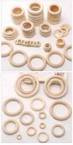 Vue detaillee de anneaux en bois non finis de diverses tailles pour bricolage et accessoires