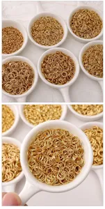 Close-up detail of golden metal jump rings in ceramic spoons, perfect for DIY jewelry.