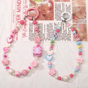 Bunte Acryl Perlen Handyketten DIY rosa Herz Blume Tasche Kette Schlüsselanhänger