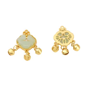 Gold-plated Ruyi lock charm pendants with green jade-like inlays and bells for DIY jewelry.