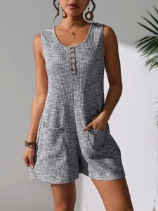 Grey waffle-knit sleeveless romper with front buttons and pockets, summer casual style