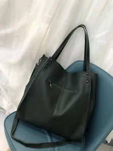 Borsa shopper in pelle verde scuro, elegante borsa a tracolla con grande capacità.