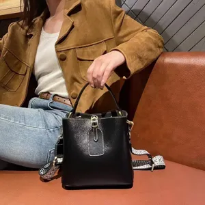 Genuine leather bucket bag for women vintage shoulder crossbody bag with wide strap style