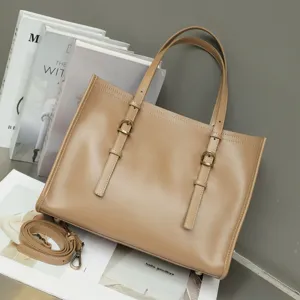 Vintage Leather Tote Bag Casual Work Handbag Retro Shoulder Crossbody Bag with Buckle Detail