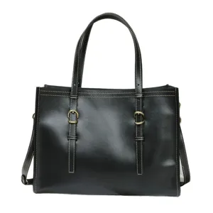 Black leather tote bag for women, retro shoulder bag with top handles and stylish buckle design.