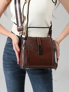 Damen Leder Umhängetasche Retro Schultertasche elegante Handtasche mit gestreiftem Gurt