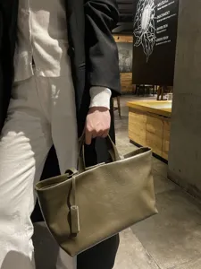 Olive green leather tote bag, soft genuine leather shoulder bag for women, minimalist daily style.